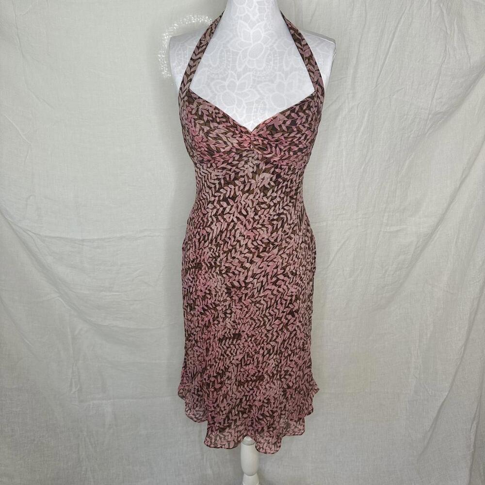 Vintage Y2K Pink & Brown 100% Silk Halter Midi Dress – Size 10